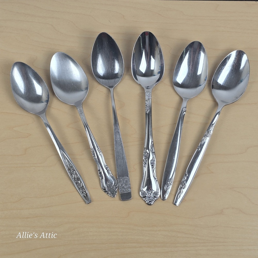 Vintage Table Spoons Flatware Mixed Stainless Oneida Floral Japan Korea Lot Of 6
